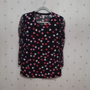 Heart Patterned Black Top with Sheer Sleeves
